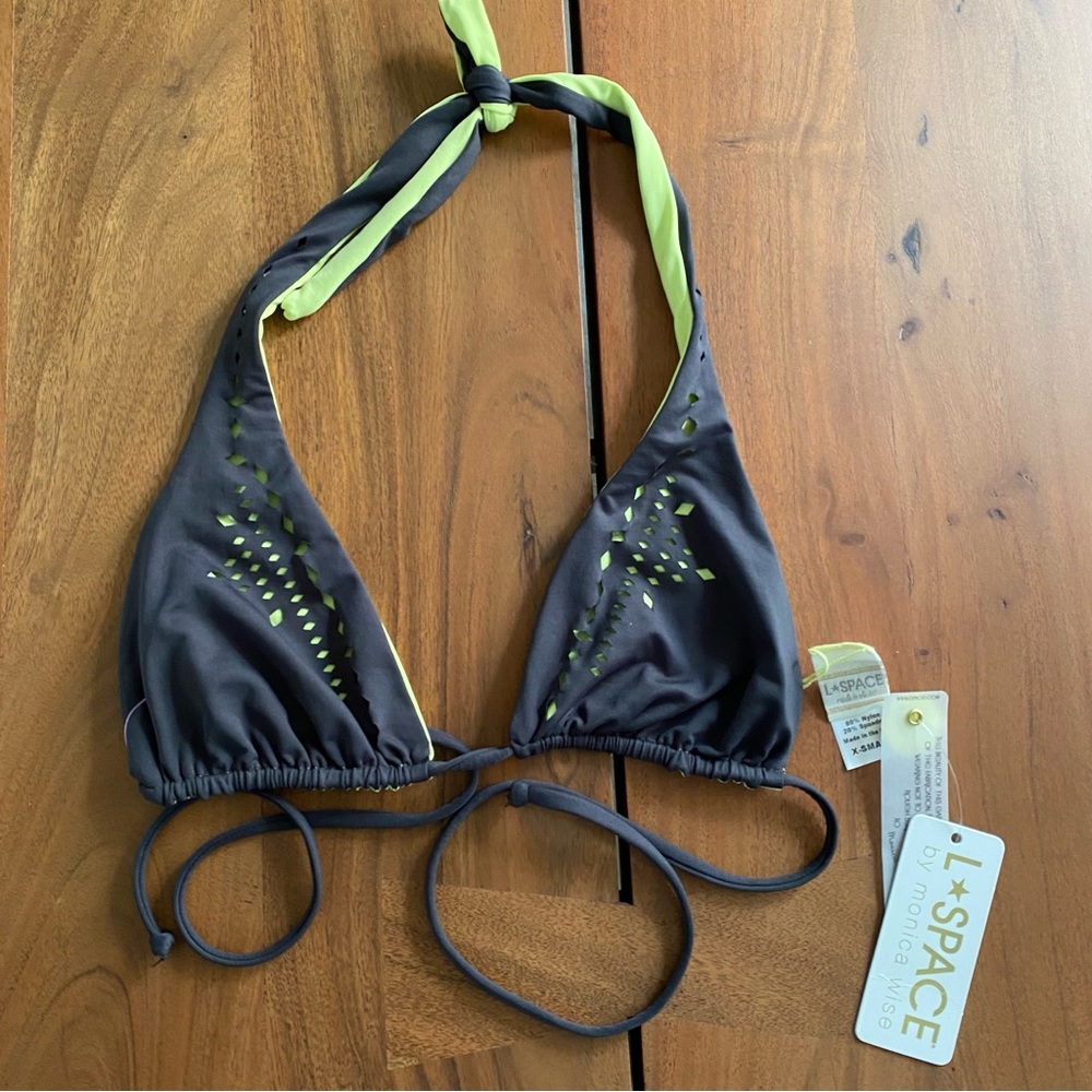 NWT Vintage L*Space Womens Bikini Top Reversible Gray Green Triangle Size XS